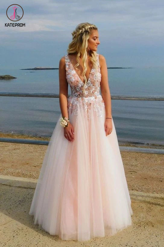 A Line Deep V Neck Sleeveless Tulle Prom Dress with Appliques, Floor Length Party Dresses KPP1305