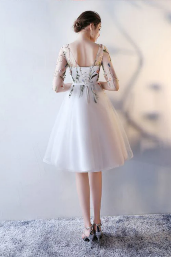 New Arrival Scoop Short Prom Dress With Floral Short Sleeve Homecoming Dress Prom Dresses KPH0666