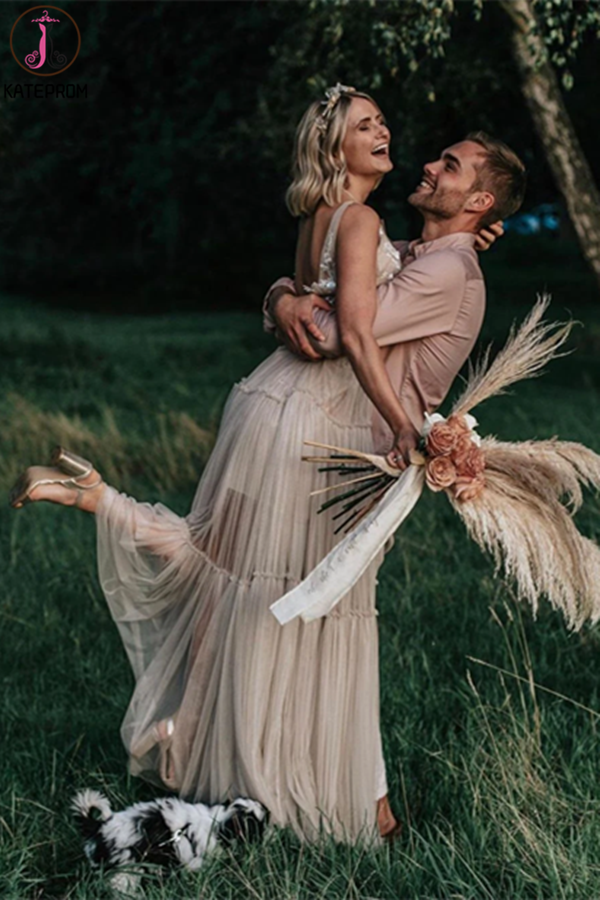 Attractive V neck Appliques A Line Rustic Backless Wedding Dress KPW0628