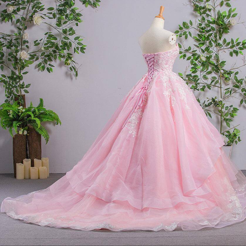 Pink Tulle A Line Sweetheart Lace Appliques Prom Dresses, Evening Gown KPP1717