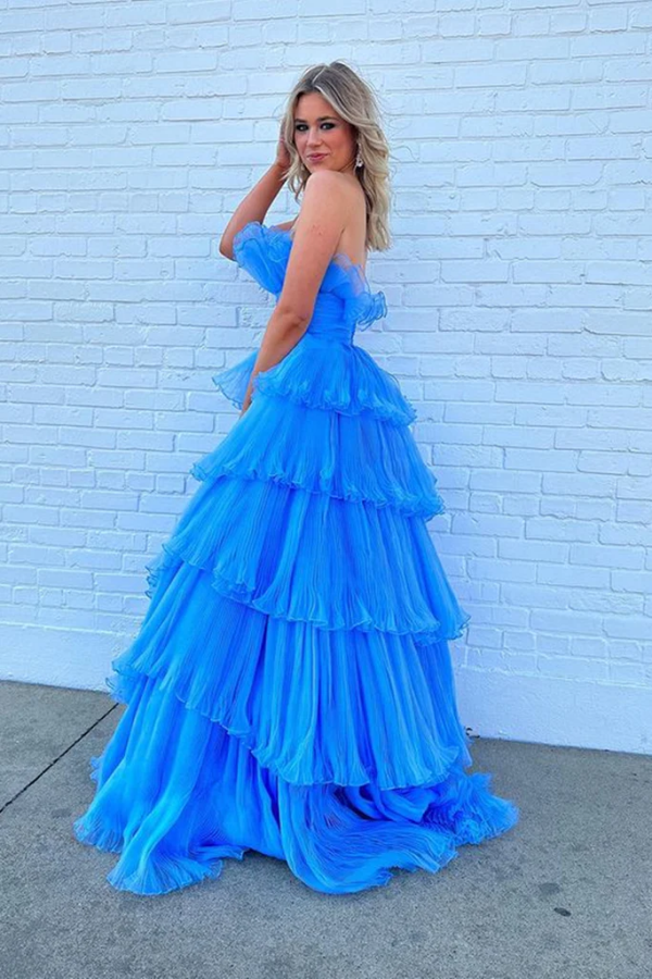 Strapless Layered Blue Long Prom Dresses, Open Back Blue Formal Evening Dresses, Blue Ball Gown KPP1740