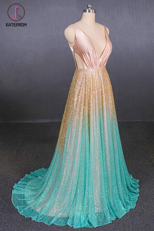 Ombre Deep V Neck Sleeveless A Line Prom Dress, Ombre Backless Shiny Evening Dress KPP1088