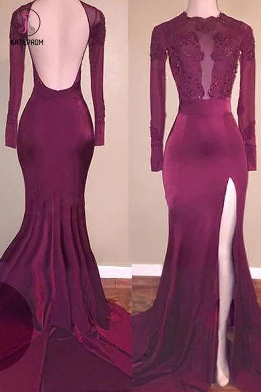 Mermaid Long Sleeves Applique Backless Prom Dresses, Long Split Evening Dresses KPP0740