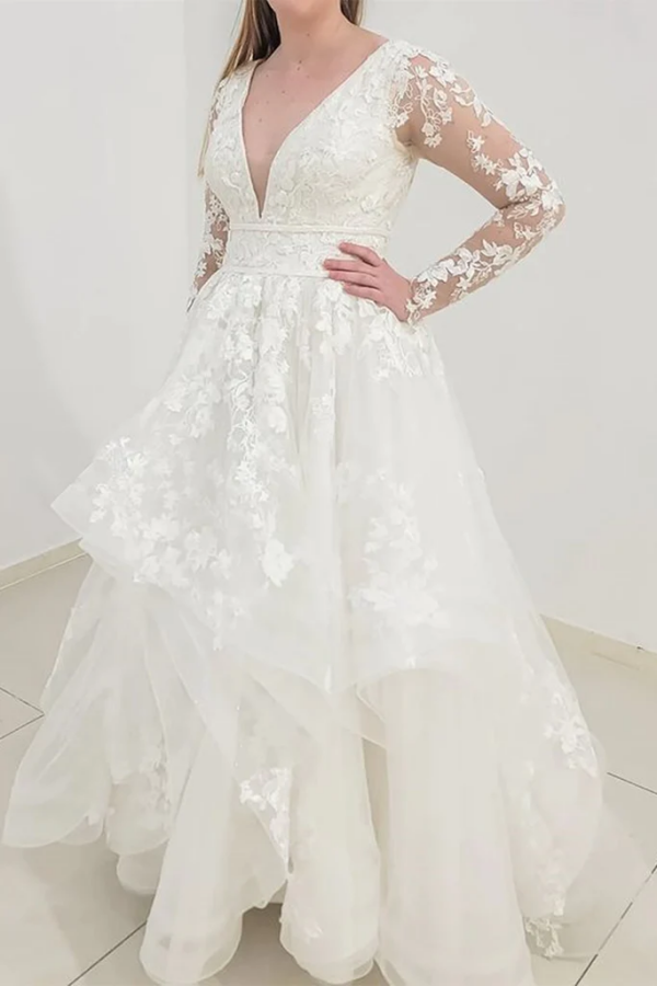 V Neck Long Sleeves White Lace Tulle Prom Dress, Layered White Lace Wedding Dress, White Formal Evening Dress KPW0736