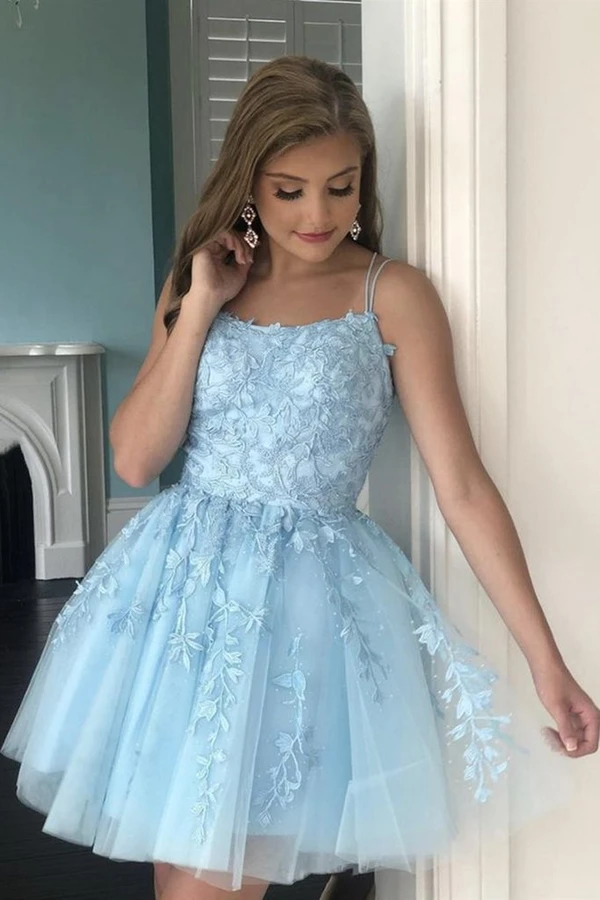 A Line Light Blue Tulle Homecoming Dress With Lace Appliques, Short Prom Dress KPH0580