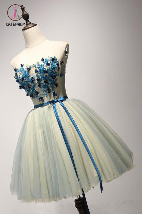 A Line Sweetheart Cute Short Homecoming Dress with Appliques, Mini Short Dress with Belt KPH0364