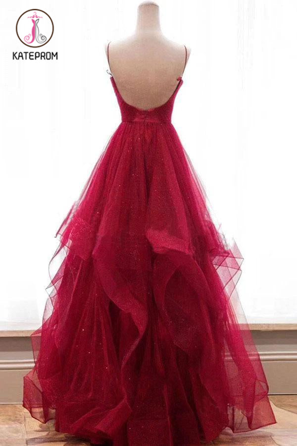 Red Spaghetti Straps V Neck Asymmetrical Prom Dress, Backless Sparkly Long Formal Dress KPP1237