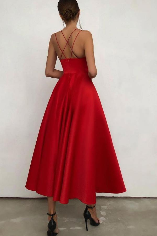 Simple V Neck Satin Burgundy Tea Length Prom Evening Dresses KPP1571