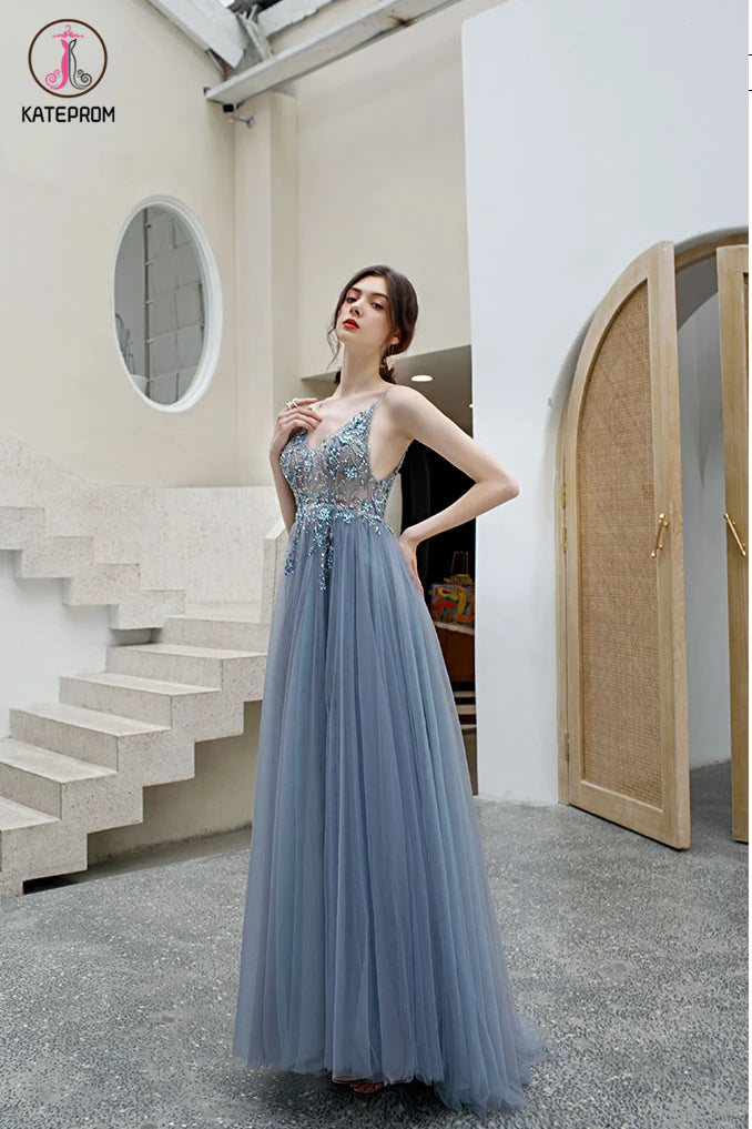 A Line Spaghetti Straps Tulle Prom Dress with Side Slit, Long Evening Dress with Beads KPP1295