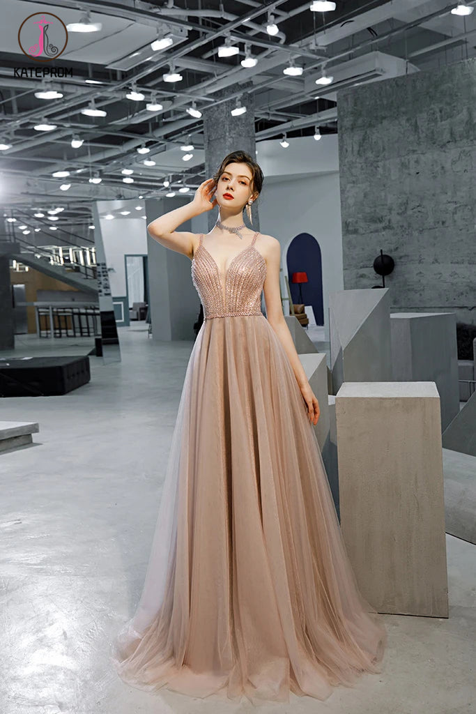 A Line Straps Sleeveless Prom Dress with Beading and Sequins, Long Evening Dress KPP1292