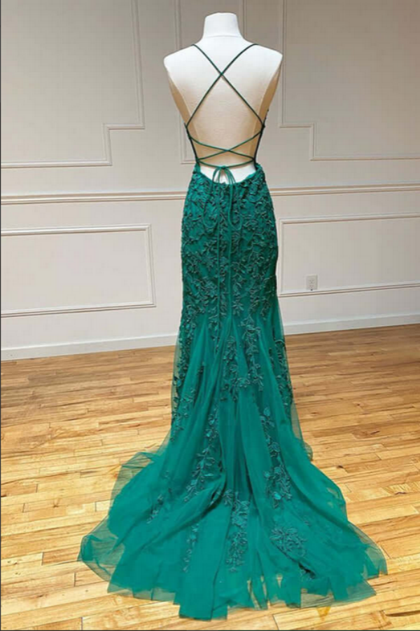 Green Lace Mermaid Backless Spaghetti Straps Prom Dresses, Evening Gown KPP1634