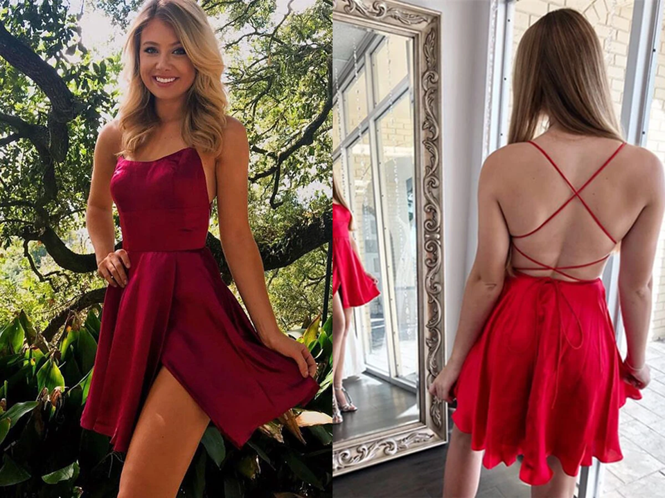 Septing - septing Cute Red Satin A line Cross Back Spaghetti Straps Homecoming Dresses KPH0586