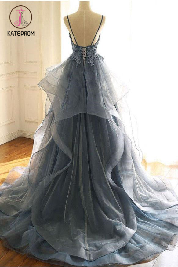 Dark Gray Tulle Prom Dress with Lace Appliques, Spaghetti Straps Sweep Train Party Dress KPP1229