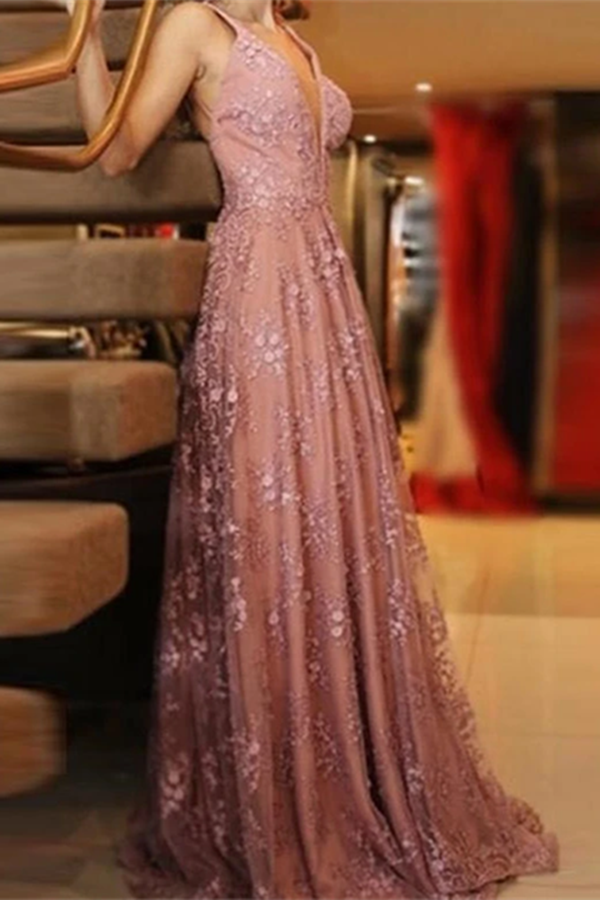 Glamorous Lace Prom Dresses A line Backless Appliqued Gowns KPP1449