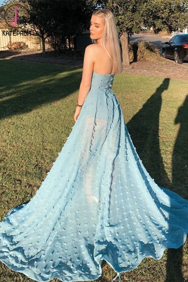 Appliques Sexy A line See Through Strapless Slit Backless Blue Prom Dresses KPP1314