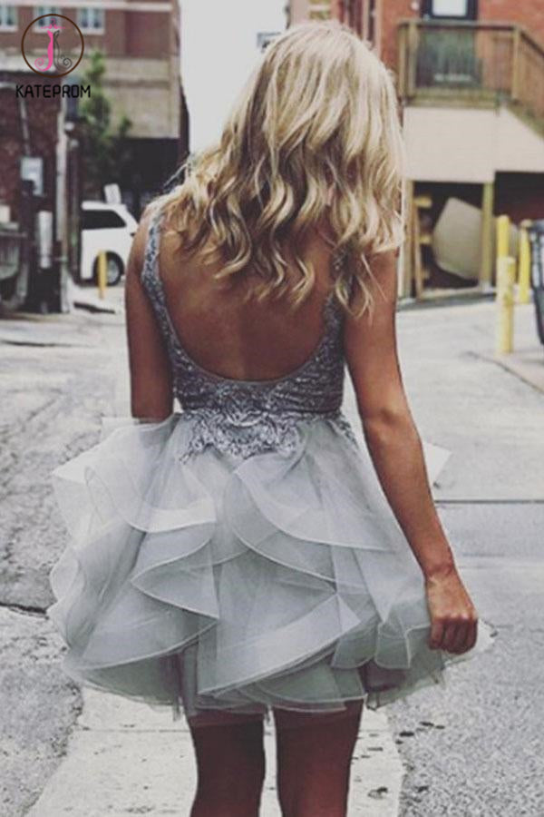 Silver Gray V Neck Sleeveless Tulle Homecoming Dress, Mini Tiered Prom Dress with Appliques KPH0389