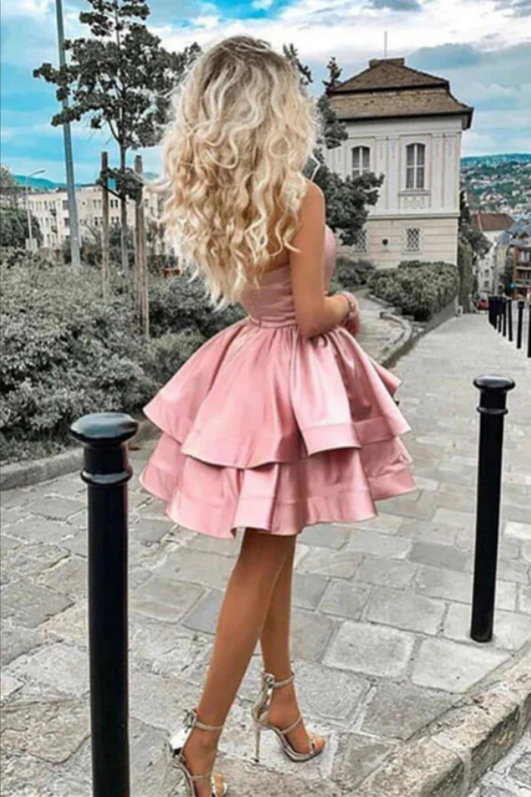 Blush Pink A line One Shoulder Homecoming Dresses, Short Prom Dresses KPH0645