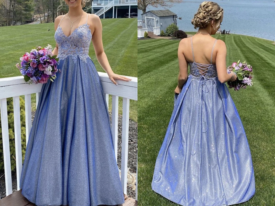 A Line Spaghetti Straps Blue Lace Top Prom Dresses, Long Formal Evening Dresses KPP1446
