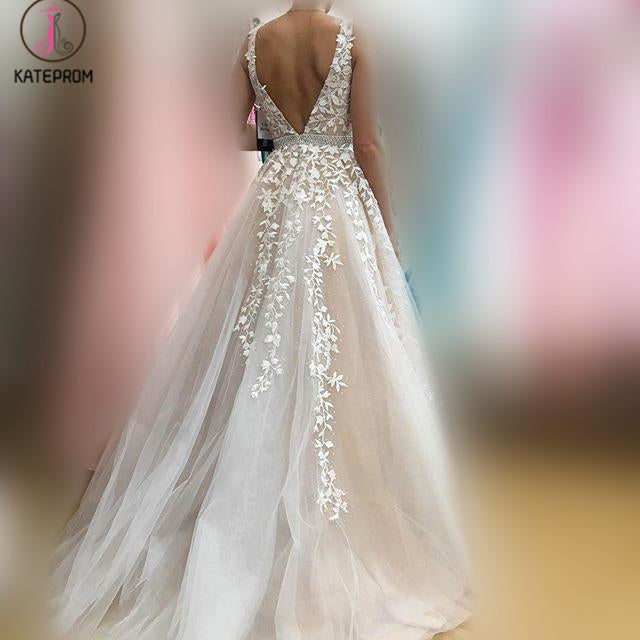 A-Line V Neck Light Gray Princess Tulle Long Prom Dresses With Bead KPP1257