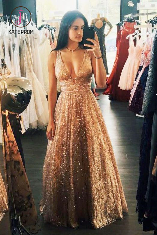 Sparkly Deep V Neck Sleeveless Floor Length Prom Dress, A Line Long Formal Dresses KPP0892
