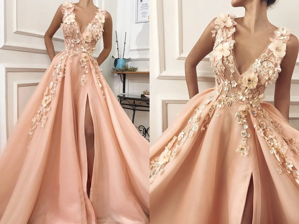 Septing - septing A line Pink V Neck Prom Dresses with Slit Lace Appliques Prom Gowns KPP1453