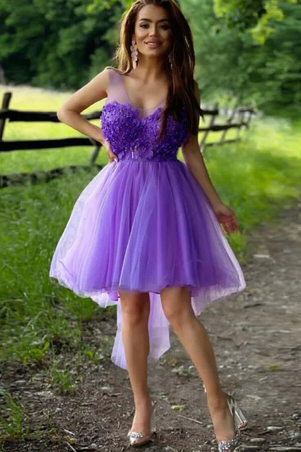 Purple Tulle A line High Low Hand Made Flowers Short Homecoming Dresses KPH0614