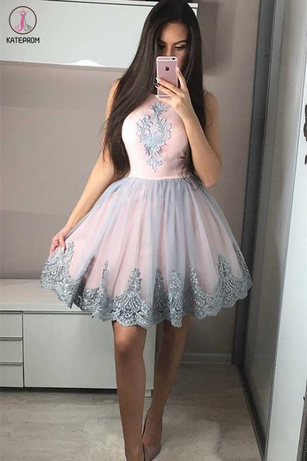 Cute A-Line Round Neck Pink Homecoming Dress with Appliques, Short Prom Dress KPH0499