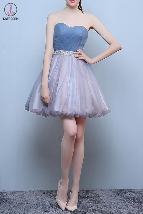 Princess Steel Blue Sweetheart Tulle Short Homecoming Dress, Cute Prom Dress with Beads KPH0456