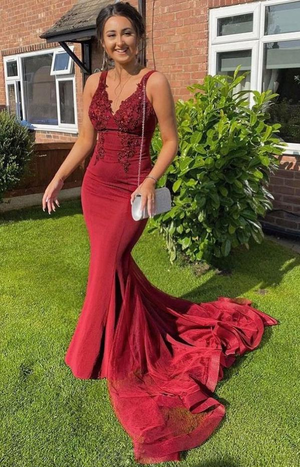 Sexy Red Mermaid Long Prom Formal Dresses with Appliques KPP1470
