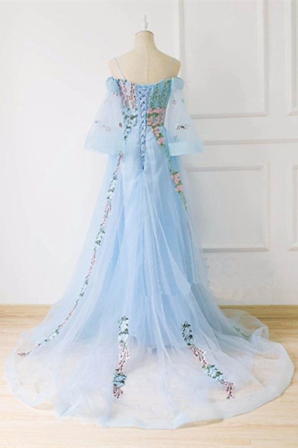 Chic A line Off the shoulder Light Blue Prom Dress With Floral Prom Dresses Long Evening Dress KPP1534
