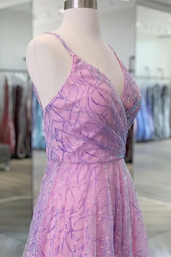 Shiny V Neck Backless Lilac Prom Dresses with Straps, Formal Dresses, Purple Evening Dresses KPP1458