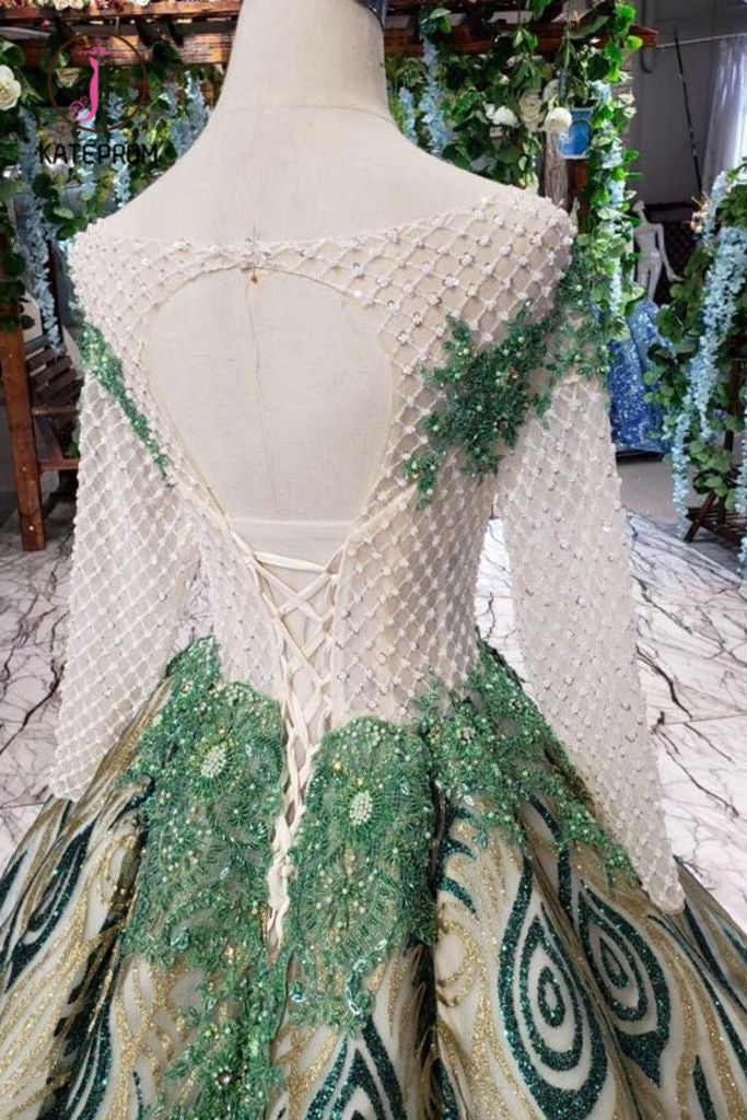 Unique Puffy Long Sleeves Long Graduation Dresses, Sheer Neck Quinceanera Dress KPP0907