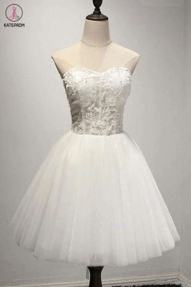 Ivory Strapless Mini Tulle Prom Dresses, A Line Sweetheart Appliqued Short Homecoming Dress KPH0476
