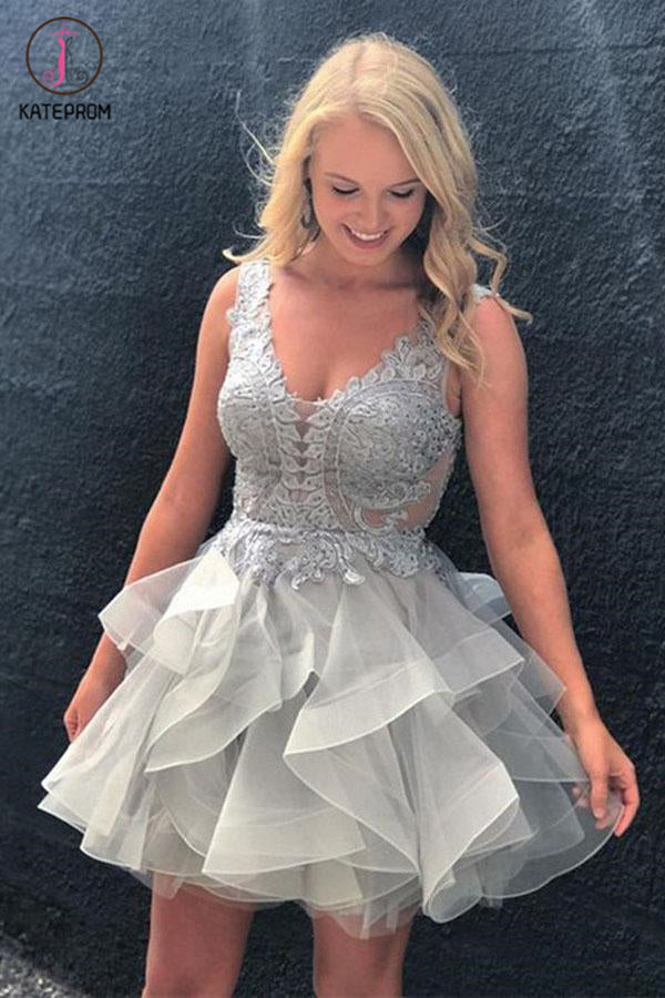 Silver Gray V Neck Sleeveless Tulle Homecoming Dress, Mini Tiered Prom Dress with Appliques KPH0389