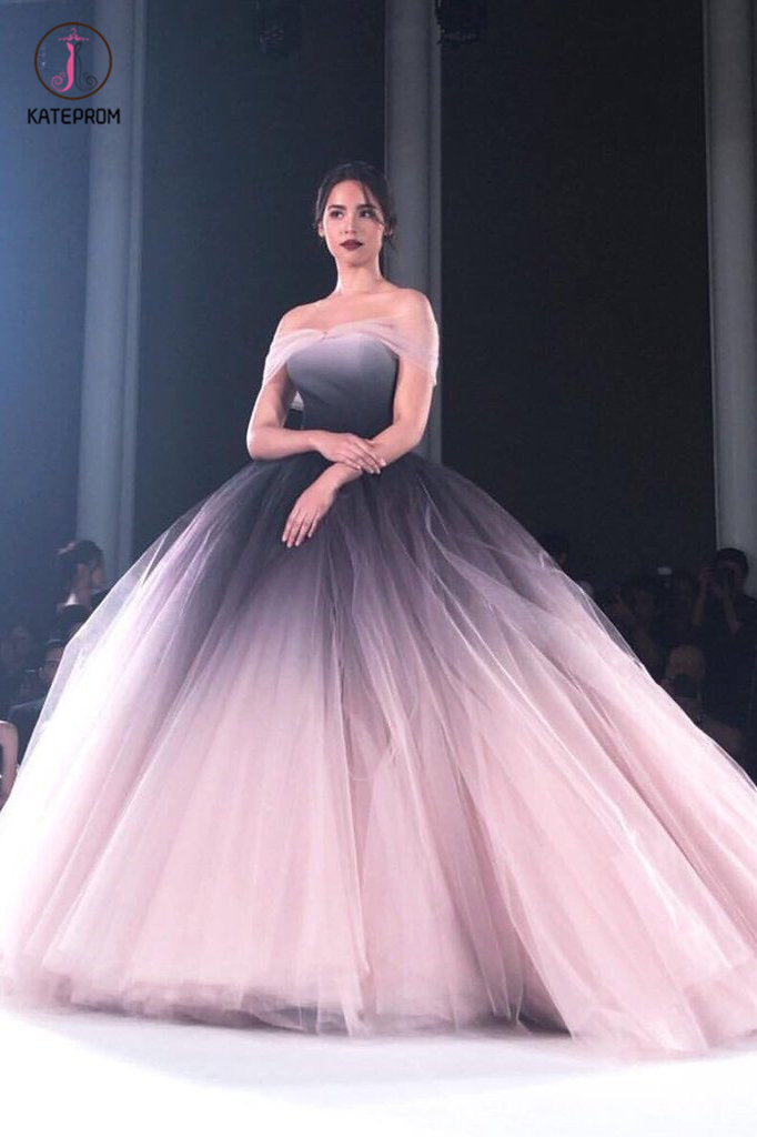Puffy Off the Shoulder Ombre Prom Dress, Unique Tulle Long Evening Dresses KPP0825