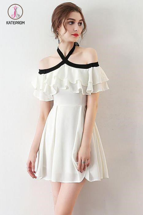 Chic Light Ivory Halter Ruffles Chiffon Short Homecoming Dresses,Short Prom Dresses KPH0277