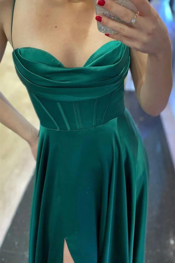 Elegant Green Satin Long Prom Dress with High Slit Formal Graduation Evening Dress KPP1610