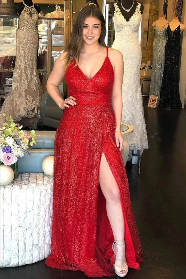 Sparkly V Neck A Line Red Spaghetti Straps Prom Dresses with Slit, Evening Dresses KPP1377