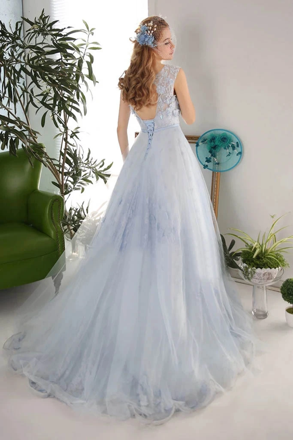 3D Flowers A Line Blue Gray Tulle Long Formal Prom Evening Dress KPP1361