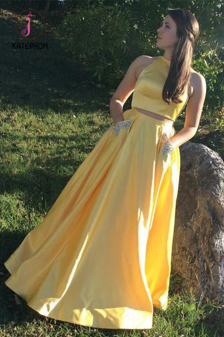 Yellow Satin Two Pieces Long Homecoming Dress with Silver Beading, Prom Dress KPP0983