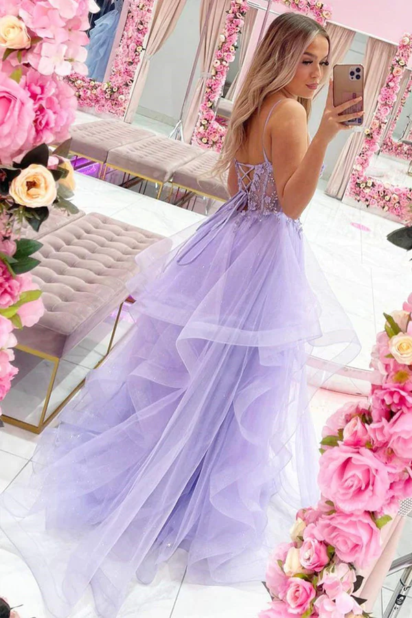 Gorgeous V Neck Beaded Purple Lace Floral Long Prom Dresses KPP1686