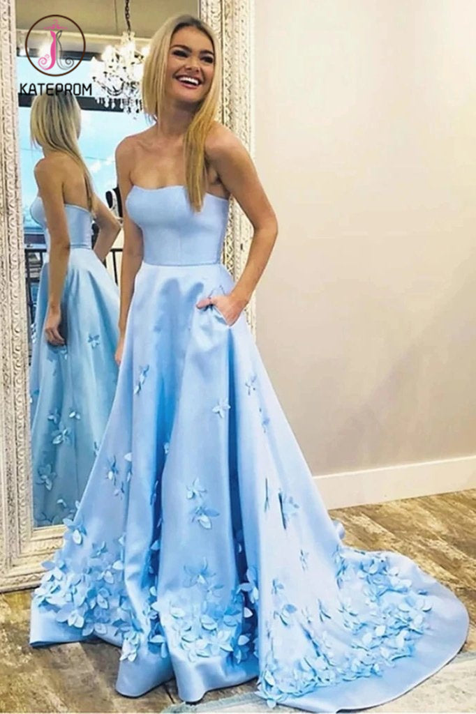 Sky Blue Strapless Satin Prom Dress with Flowers, Elegant Party Dress with Pockets KPP1234