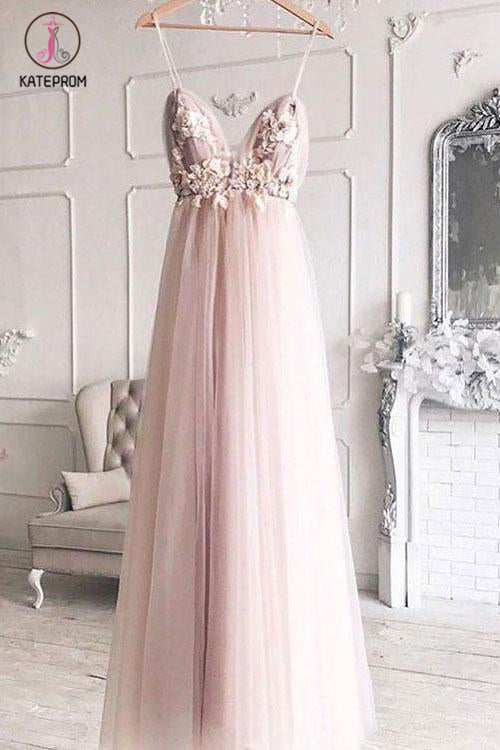 Charming Spaghetti Straps Deep V Neck Tulle Prom Dress with Flowers, A Line Party Dress KPP1103