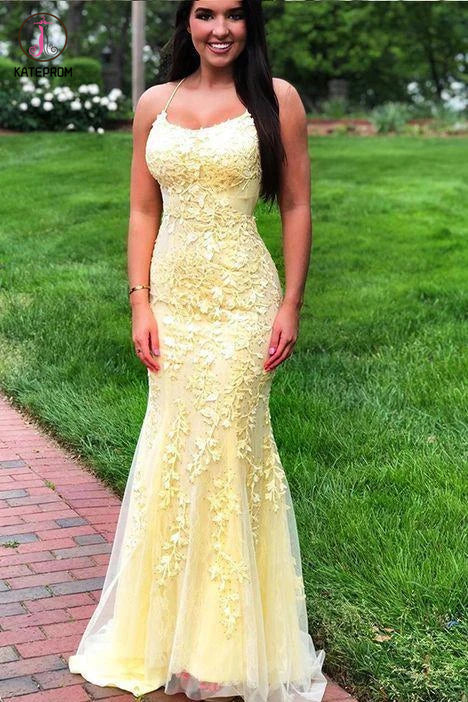 Yellow Spaghetti Strap Mermaid Lace Appliqued Long Prom Dress, Sweep Train Evening Dress KPP1281