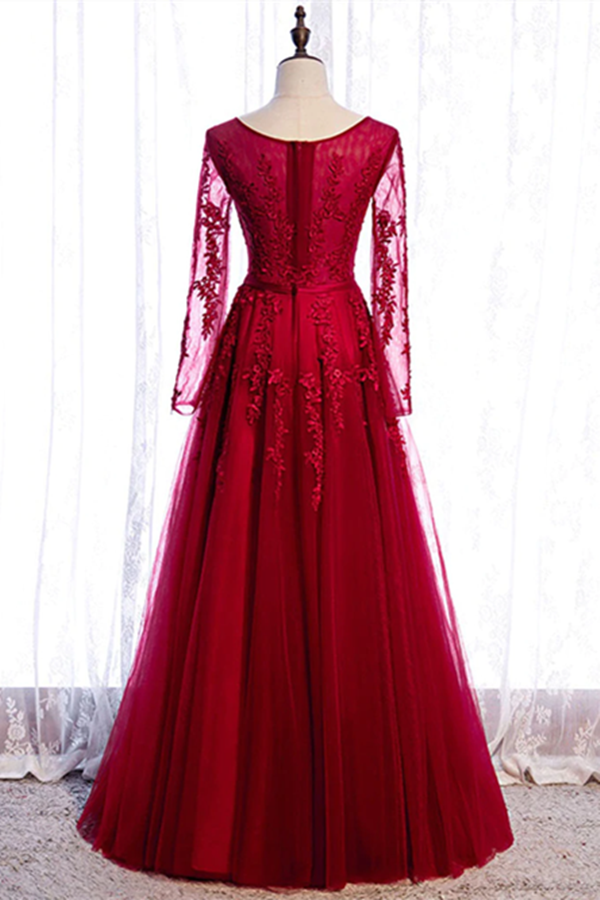 Chic A line Bateau Burgundy Lace Prom Dress Long Sleeve Tulle Evening Dresses KPP1558