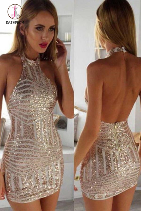 Sequined Short Homecoming Dress, Sheath Halter Backless Short Party Dress KPH0308