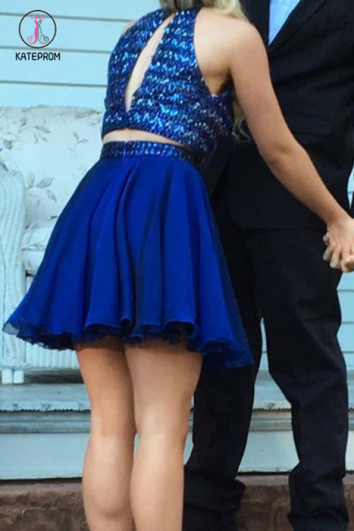 Luxurious Beading Two Piece Open Back Royal Blue Chiffon Short Homecoming Dress KPH0301