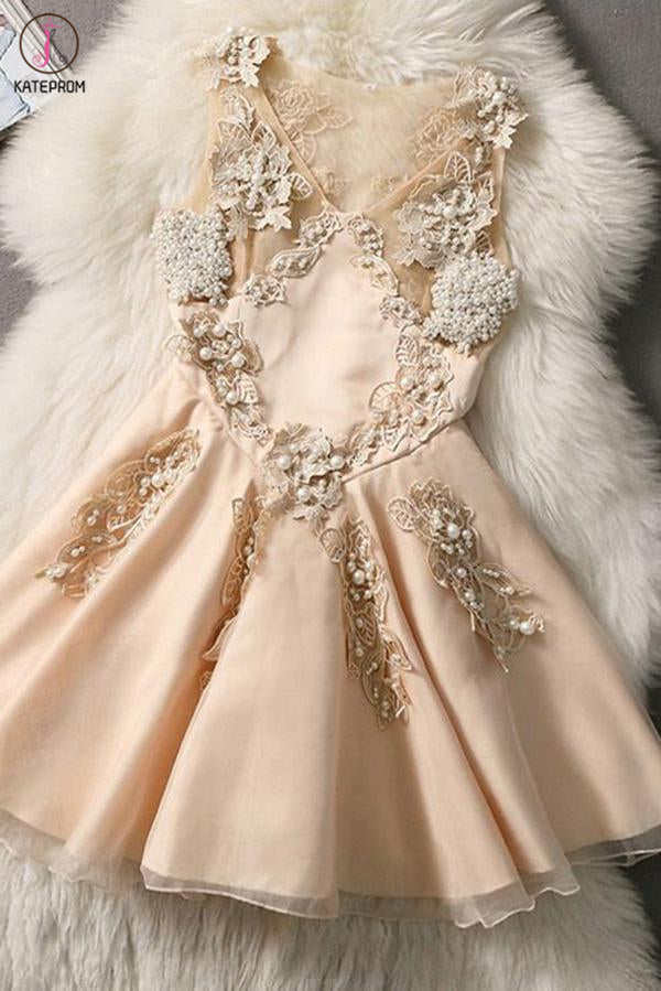 Mini V Neck Homecoming Dress with Pearls, Gorgeous Appliques Short Graduation Dress KPH0444