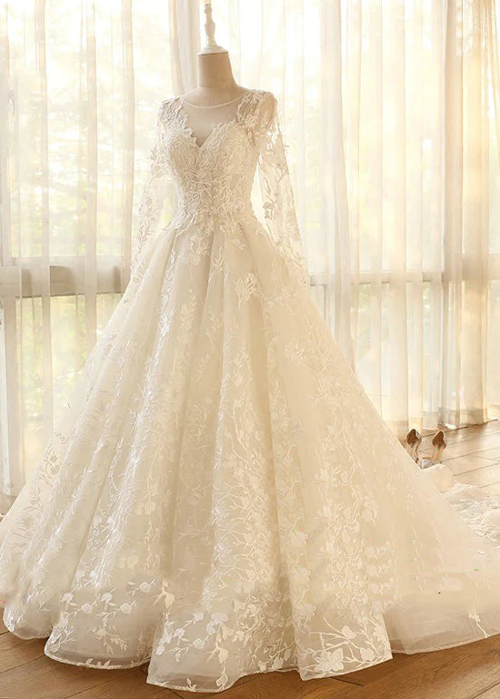 Fabulous Mesh Neckline Long Sleeves A Line Wedding Dress With Lace Appliques Flowers Long Sleeves KPW0726