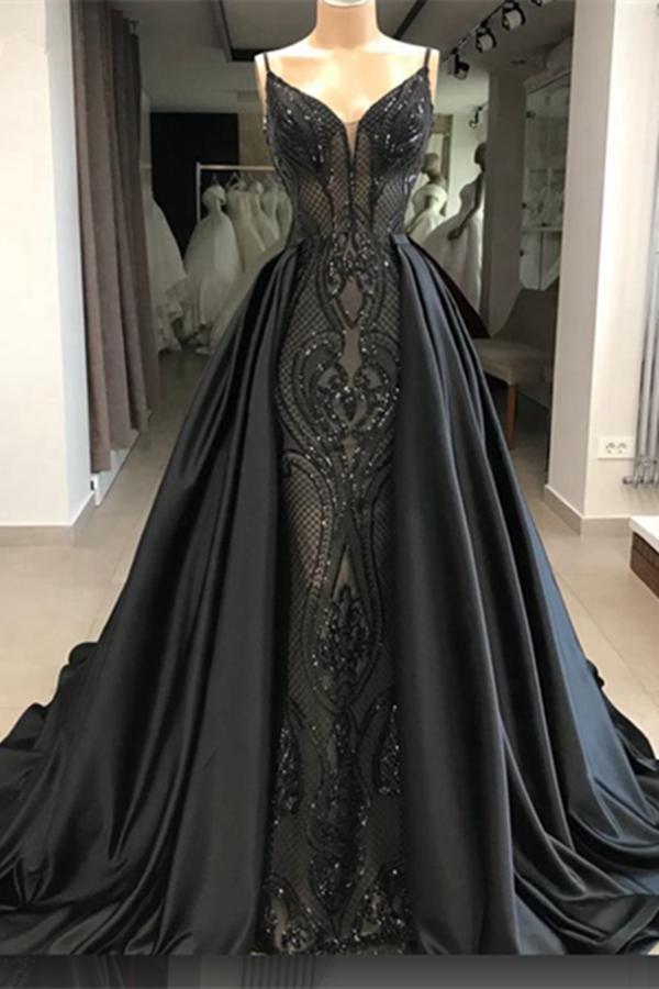Exclusive Black Spaghetti Straps Satin Lace Long Dress for Sale, Party Dresses KPP1420